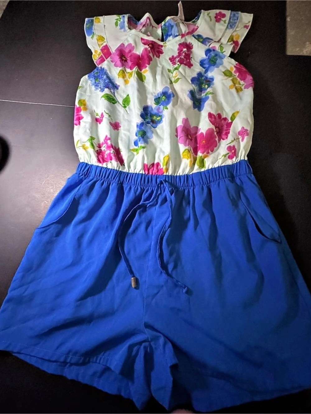 Janie and Jack Girls Size 14 Floral Romper Blue & White Like New